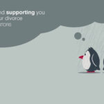 Penguins under dark raincloud