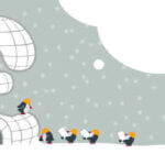 Penguins building igloo shaped like a pound sign