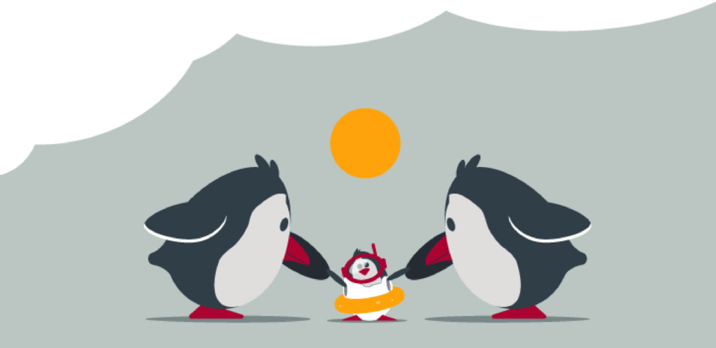Two penguins with a baby penguin in rubber ring and snorkle