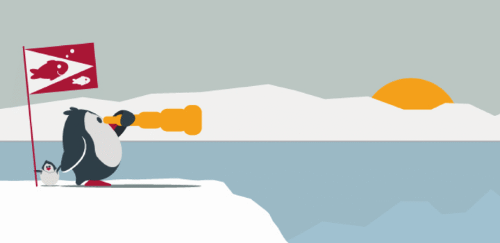 Penguin looking out over the sea with telescope