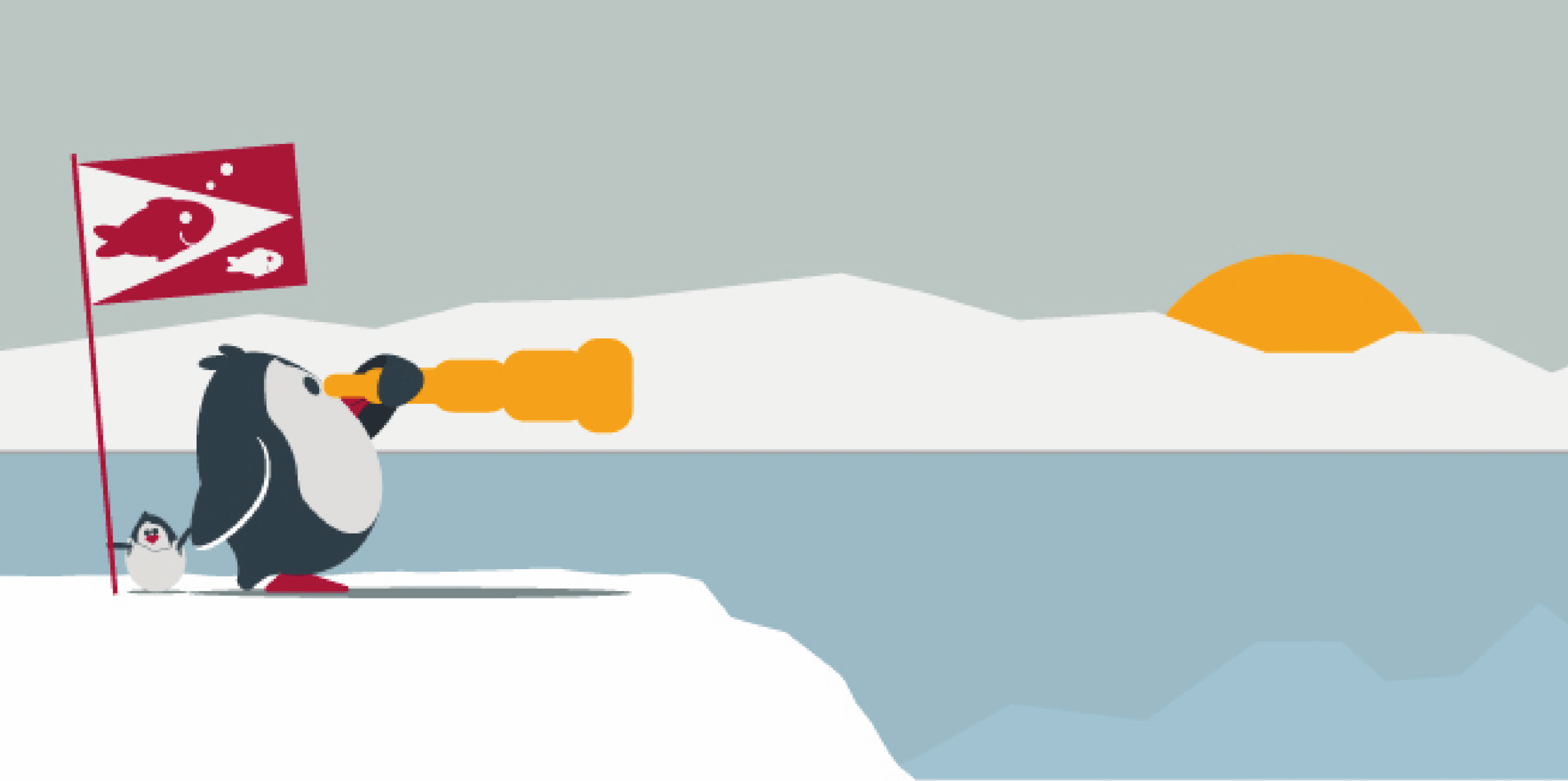 Penguin looking out over the sea with telescope