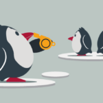 Penguin acting as referee to another pair of penguins