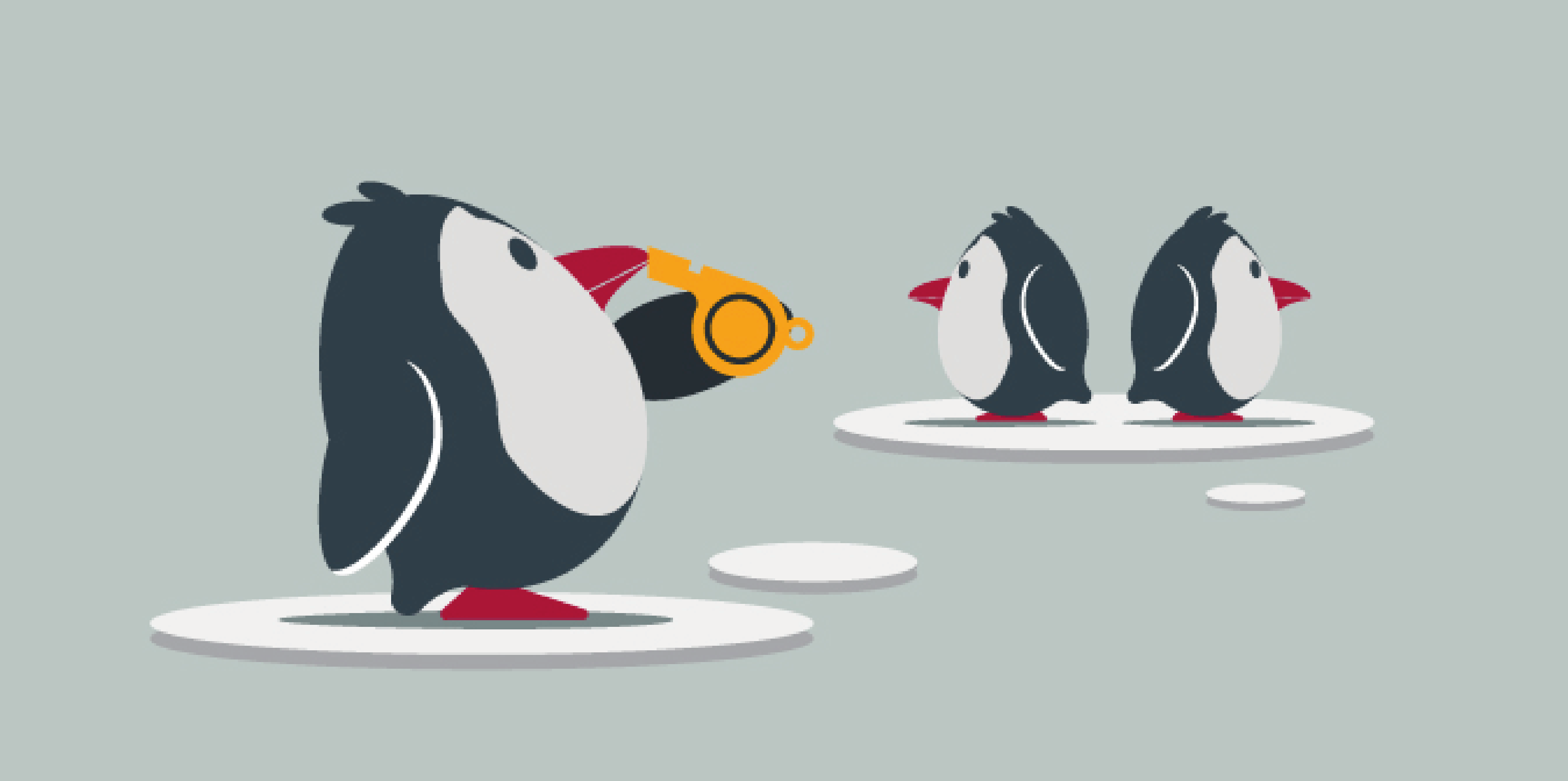 Penguin acting as referee to another pair of penguins