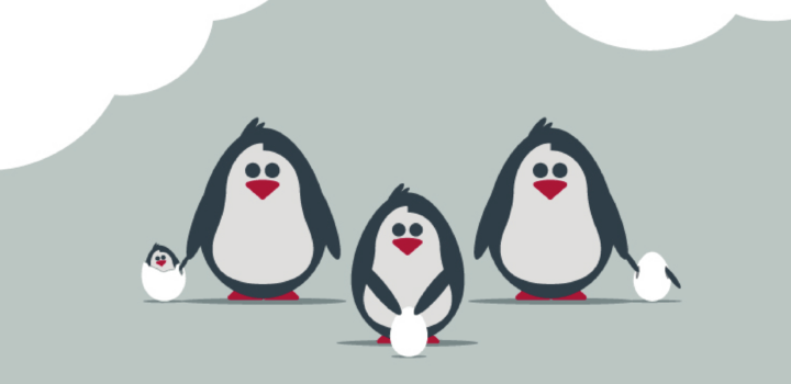 Three penguins with their baby penguins in eggs