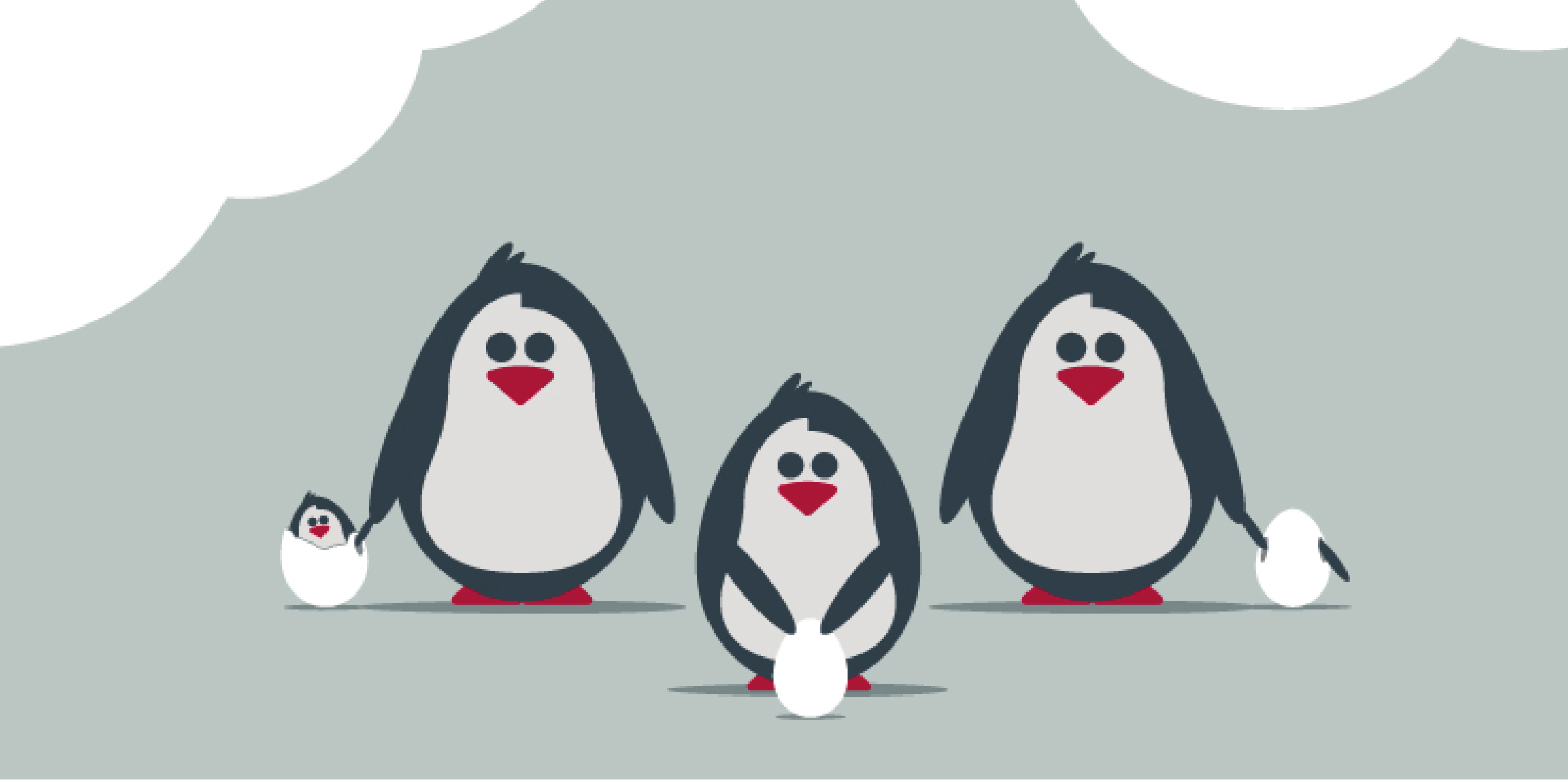 Three penguins with their baby penguins in eggs