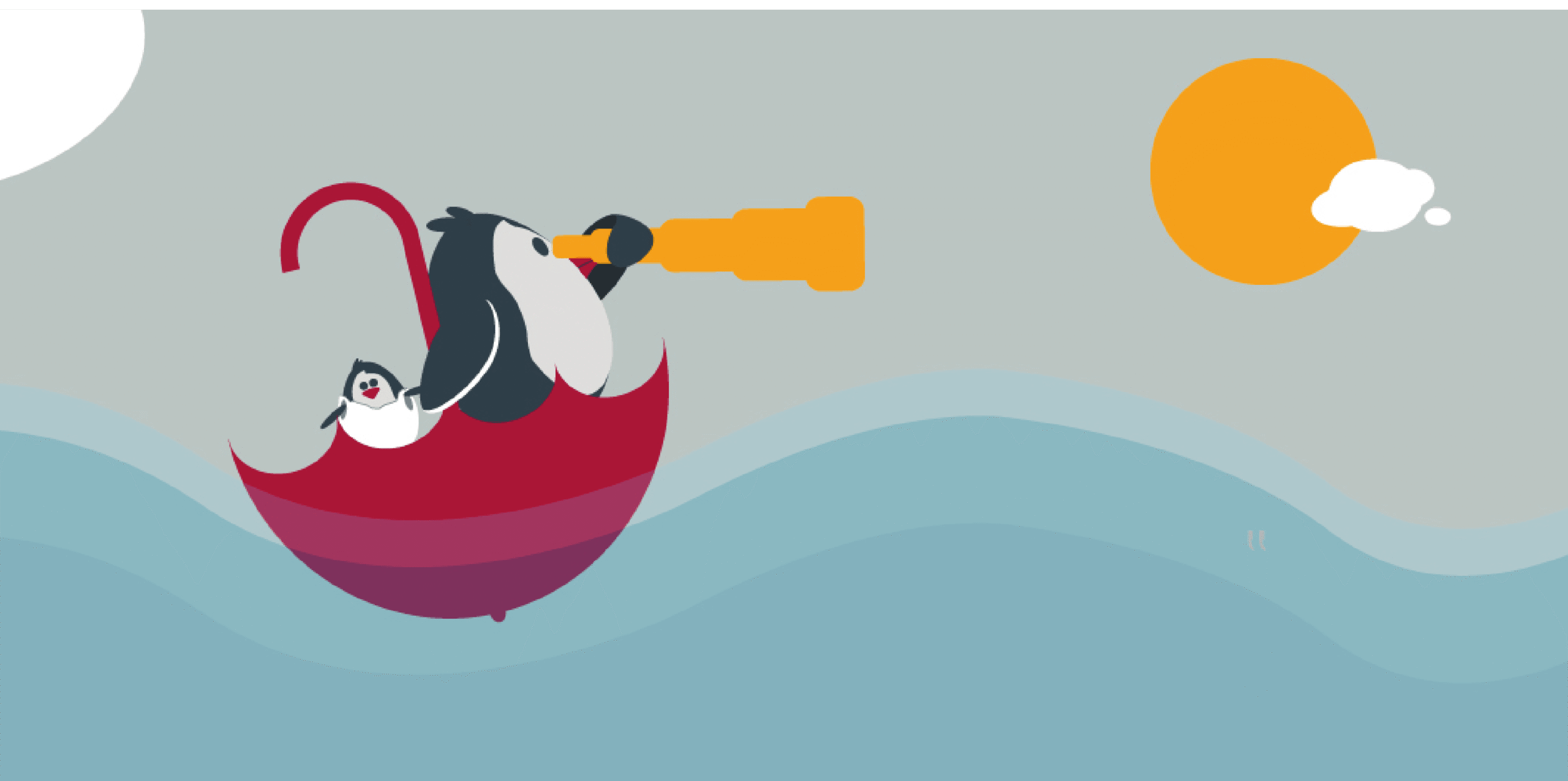 Penguin looking through telescope while sailing an umbrella at sea