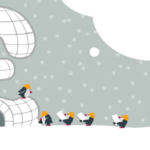 Graphic of builder penguins around igloo shaped like pound sign