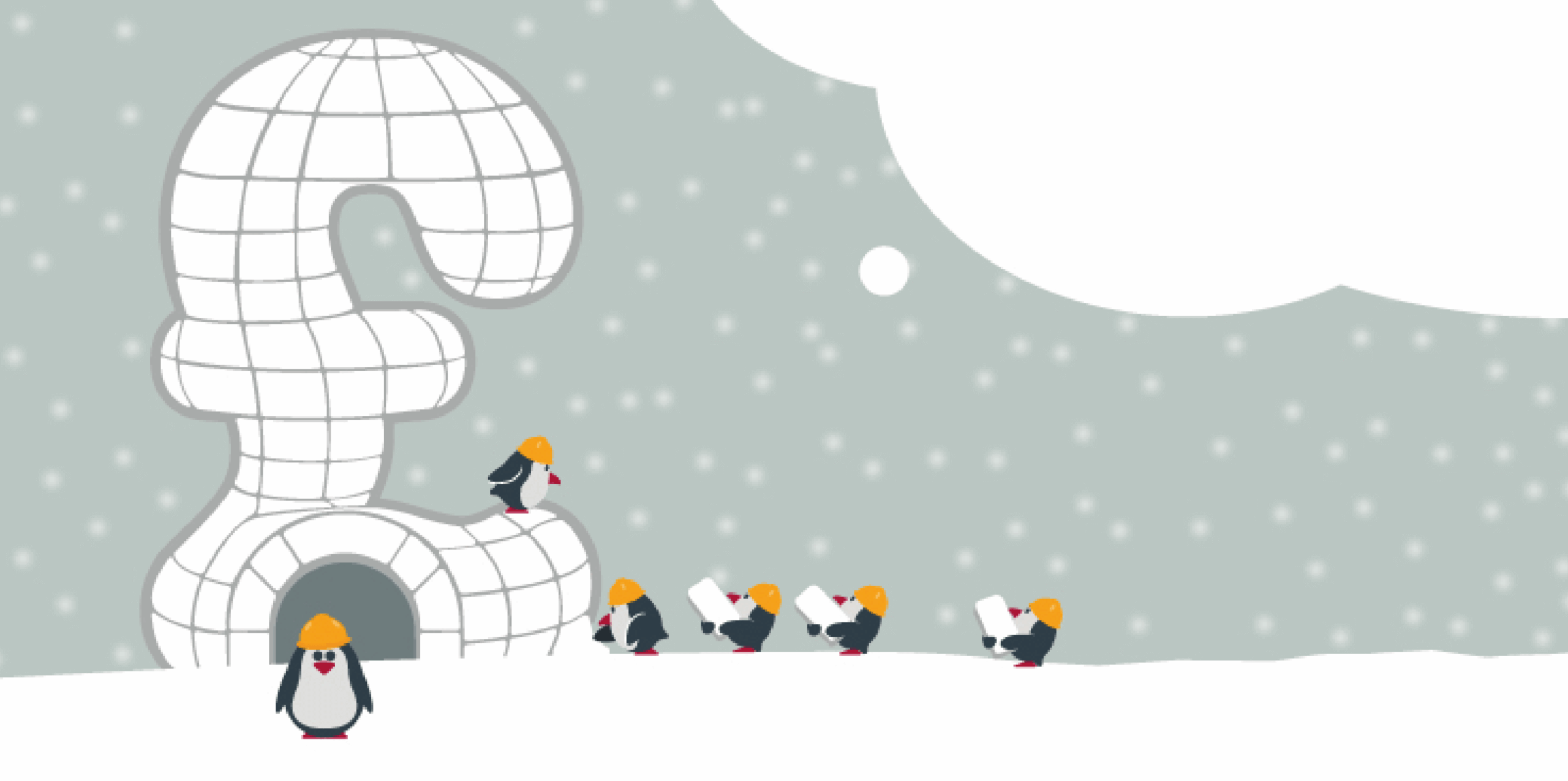 Builder penguins around igloo shaped like pound sign