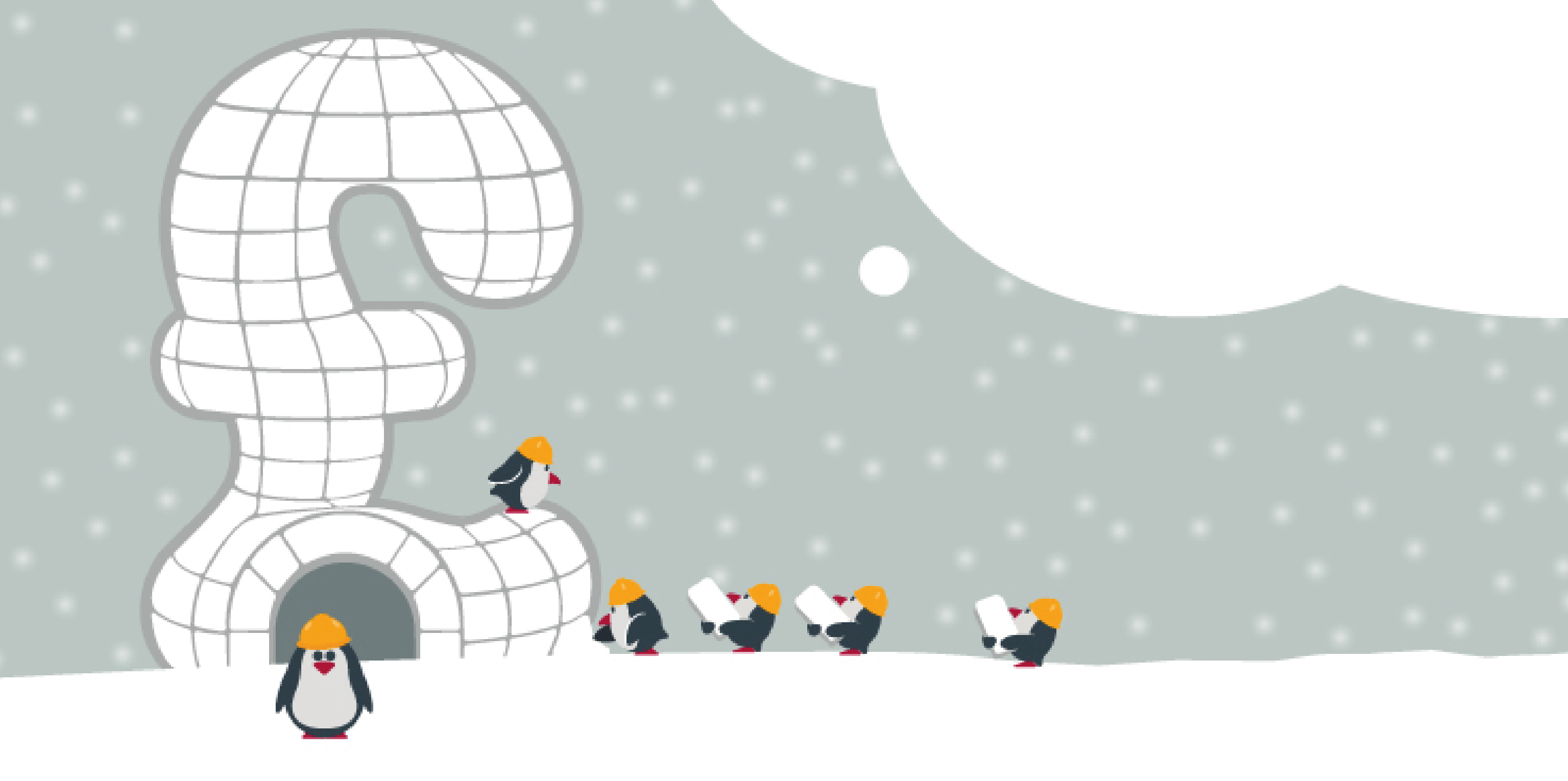 Graphic of builder penguins around igloo shaped like pound sign