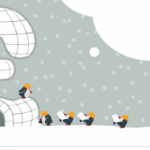 Group of penguins building an igloo in the shape of a pound sign