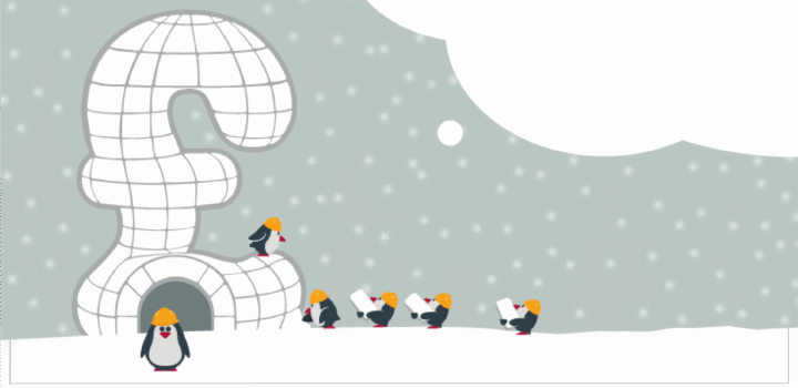 Group of penguins building an igloo in the shape of a pound sign