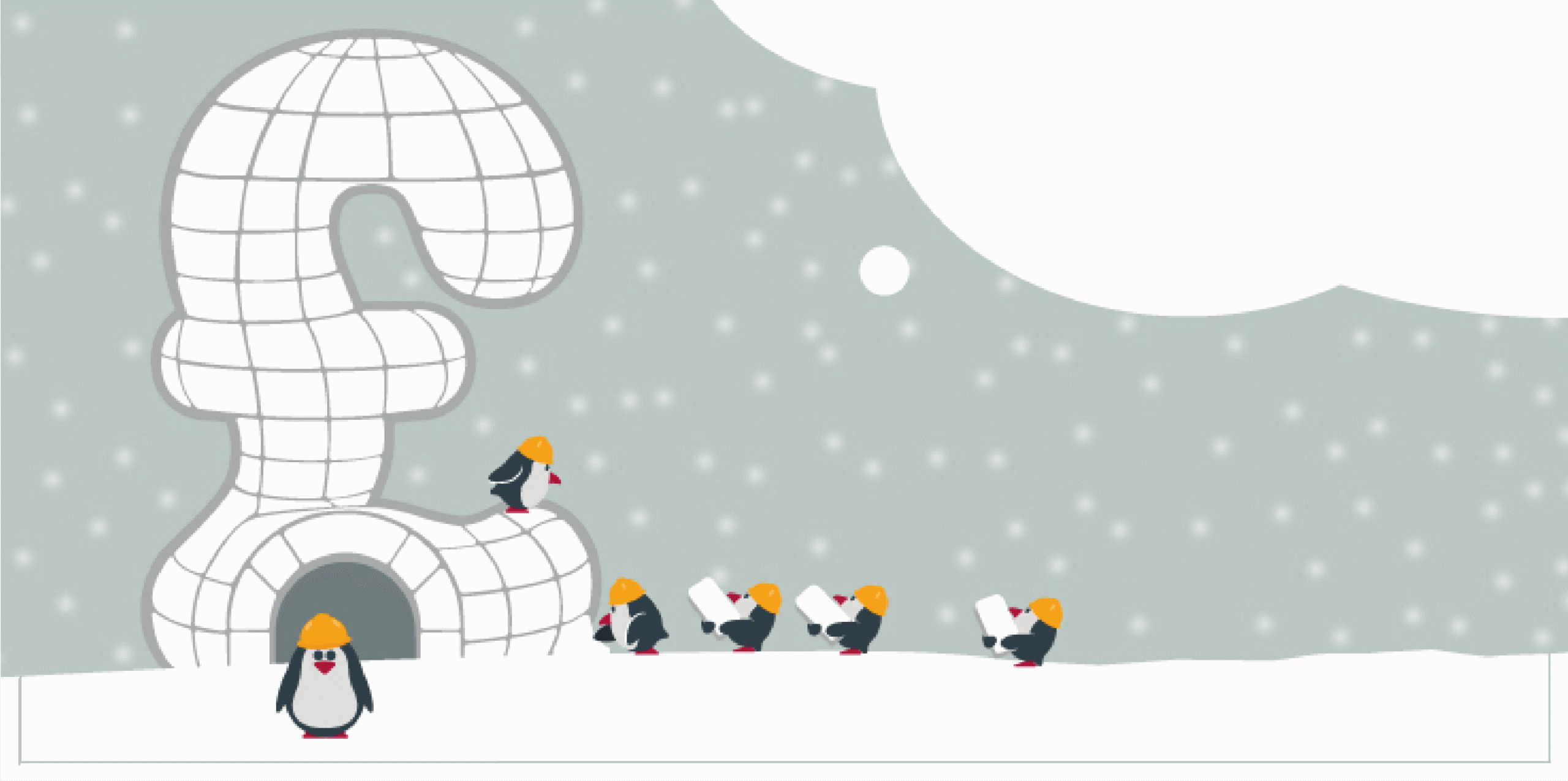 Group of penguins building an igloo in the shape of a pound sign