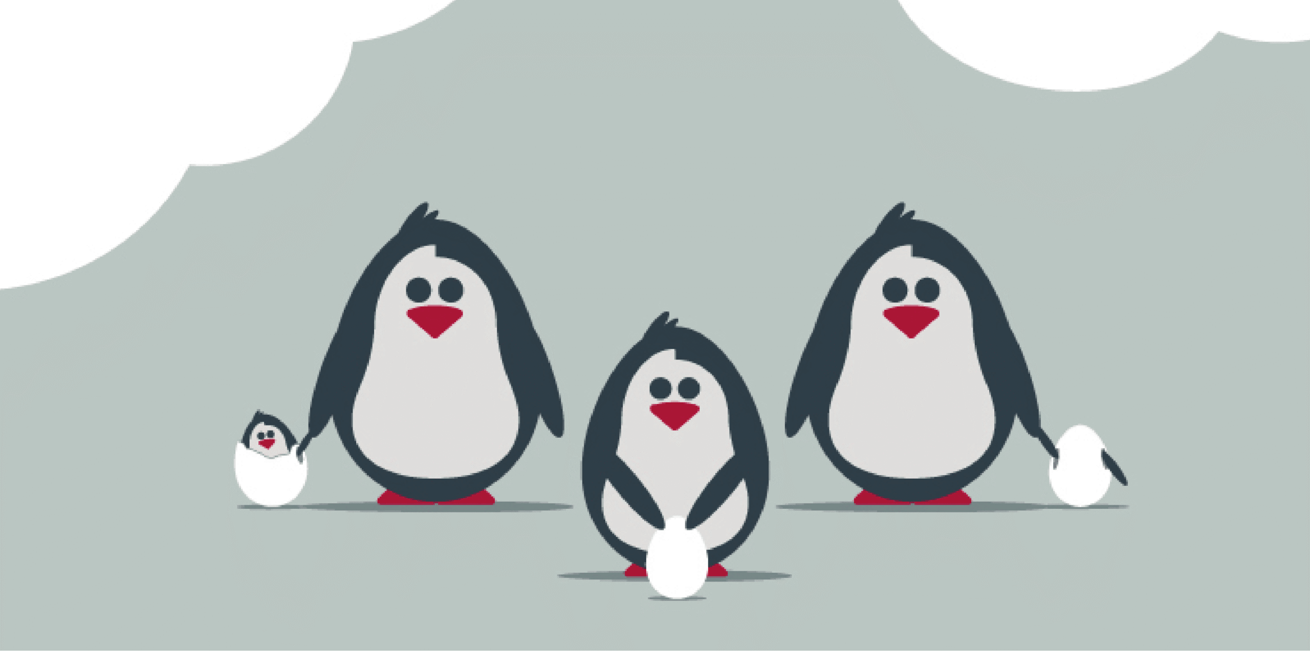 Family of penguins with chicks or eggs