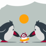 Penguin family baby learning to swim