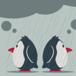 Penguins thinking in the rain