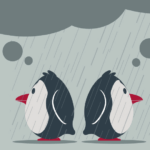 Two penguins standing back to back with a thunder cloud over their heads