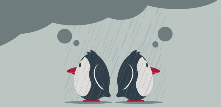 Two penguins standing back to back with a thunder cloud over their heads