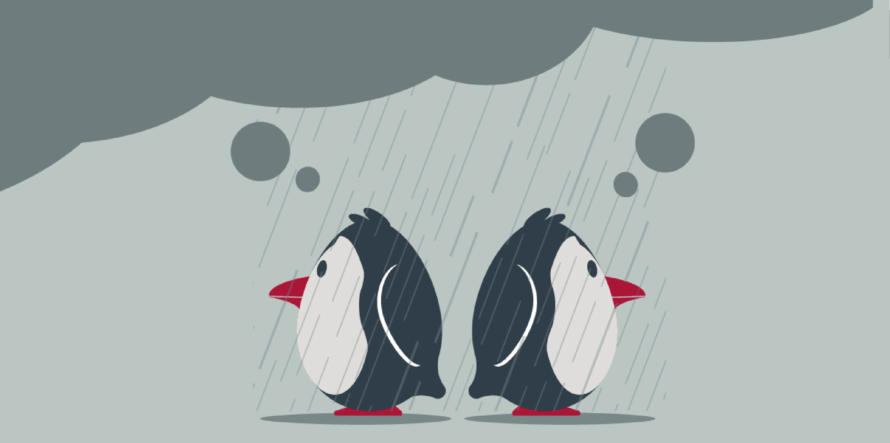 Two penguins standing back to back with a thunder cloud over their heads