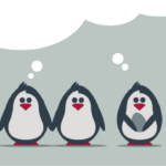 Penguins with thought bubble, one couple, third pregnant