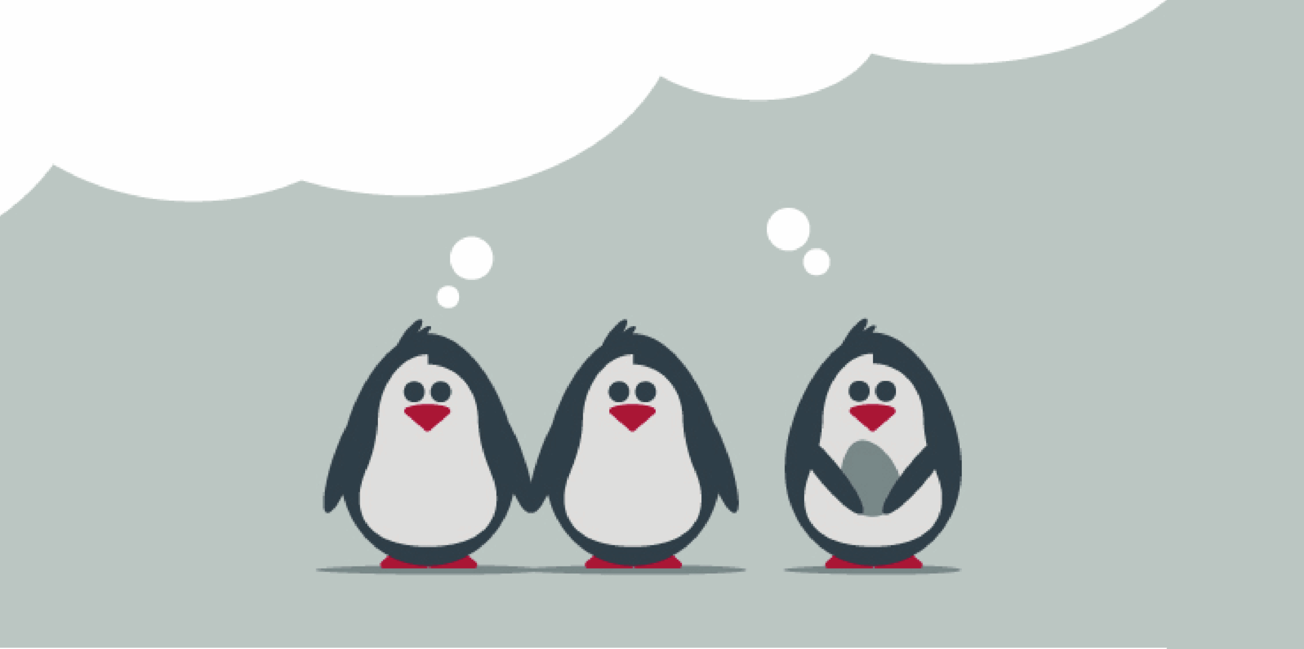 Penguins with thought bubble, one couple, third pregnant