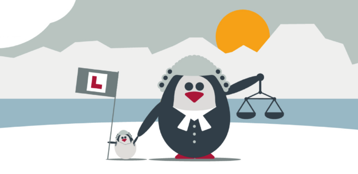 Judge penguin holding hand of baby penguin with 'L plate' sign