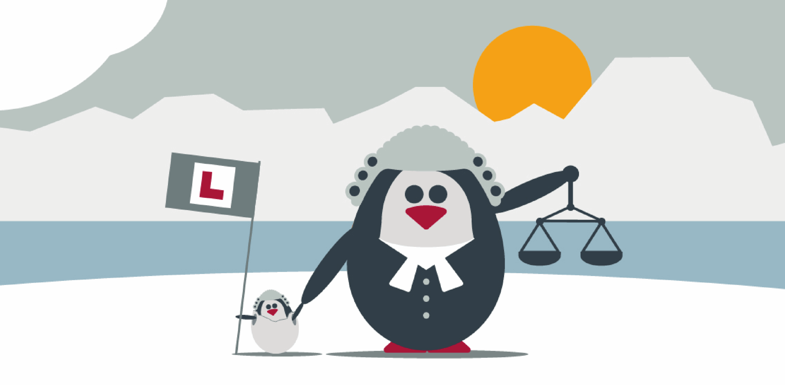 Judge penguin holding hand of baby penguin with 'L plate' sign