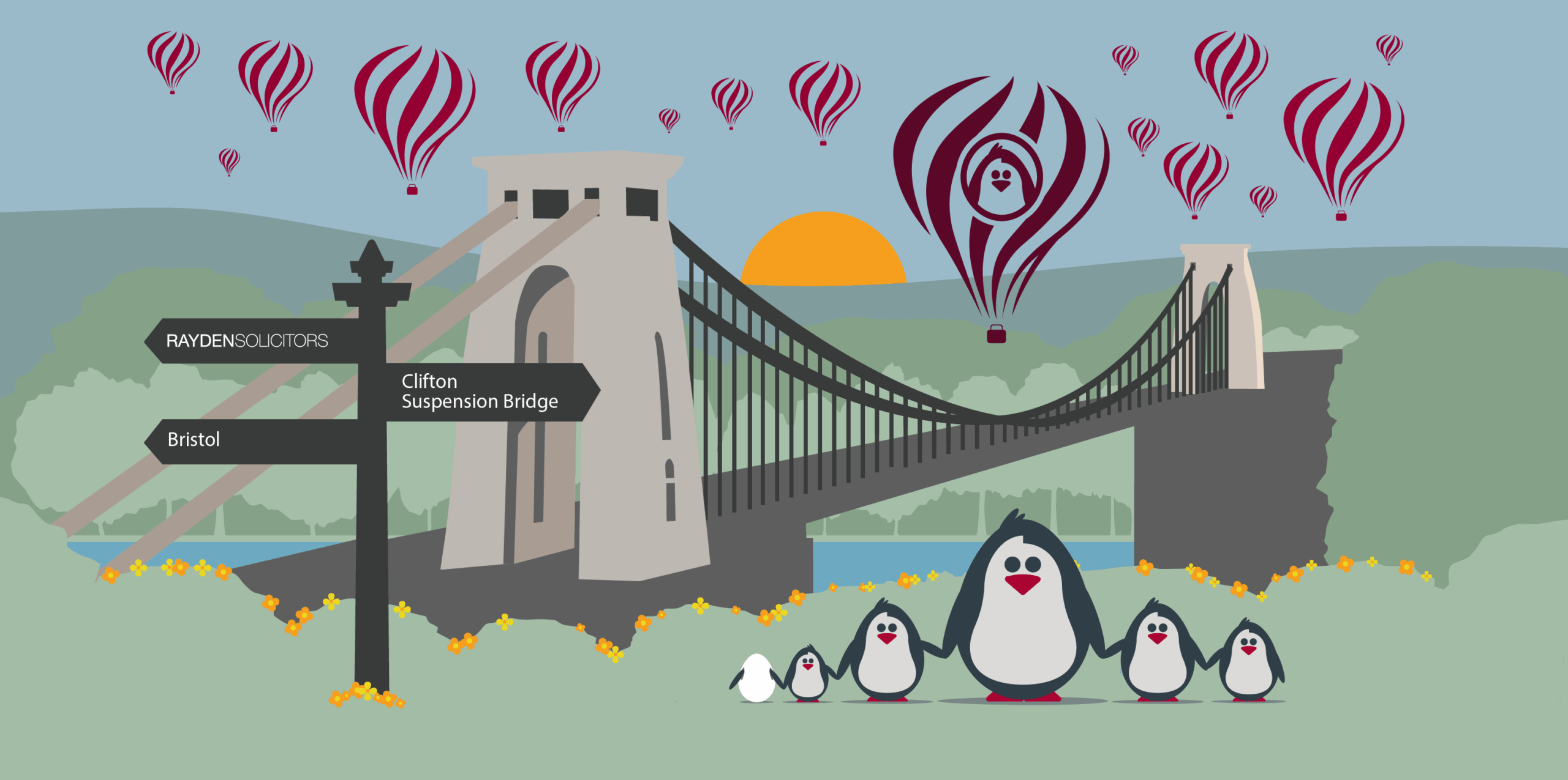 Rayden penguins in front of hot air balloons and the Clifton suspension bridge